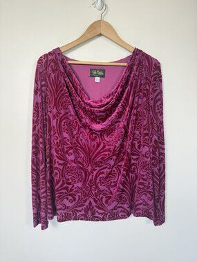 Bob Mackie Top Wearable Art Velvet Burnout Blouse XL Maroon Drape